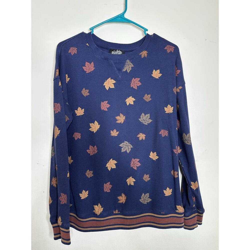 Feeling Festive Size Medium Navy Waffle Leaf Pattern Top Autumn Fall Leaves